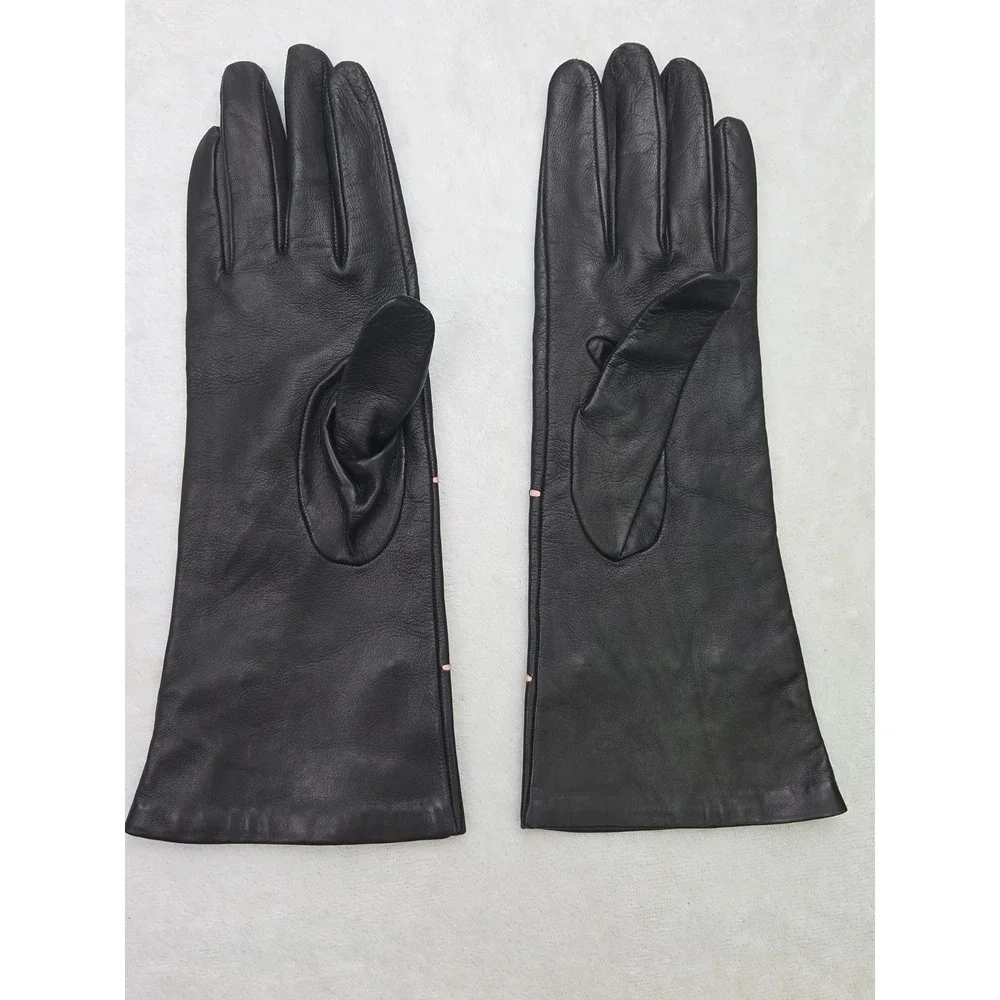 Portolano Womens Black Leather Gloves Pink Bows 100% Silk Lining Size 8 Vintage